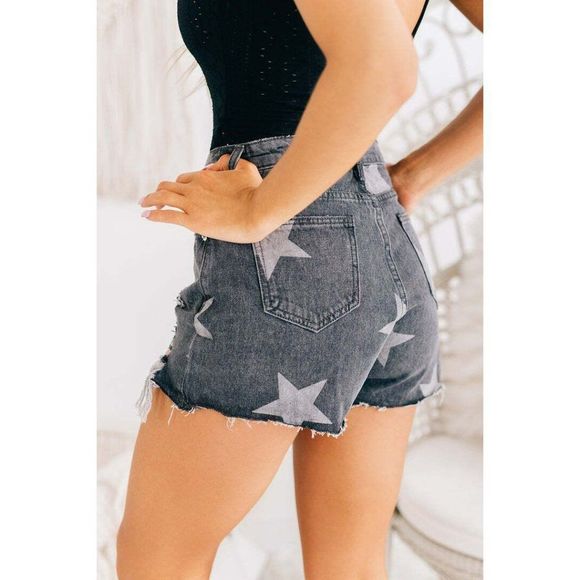 SALE! Blue Buttercup Star Print Black Demin Distressed Short 100% Cotton KP80880 - Picture 6 of 9
